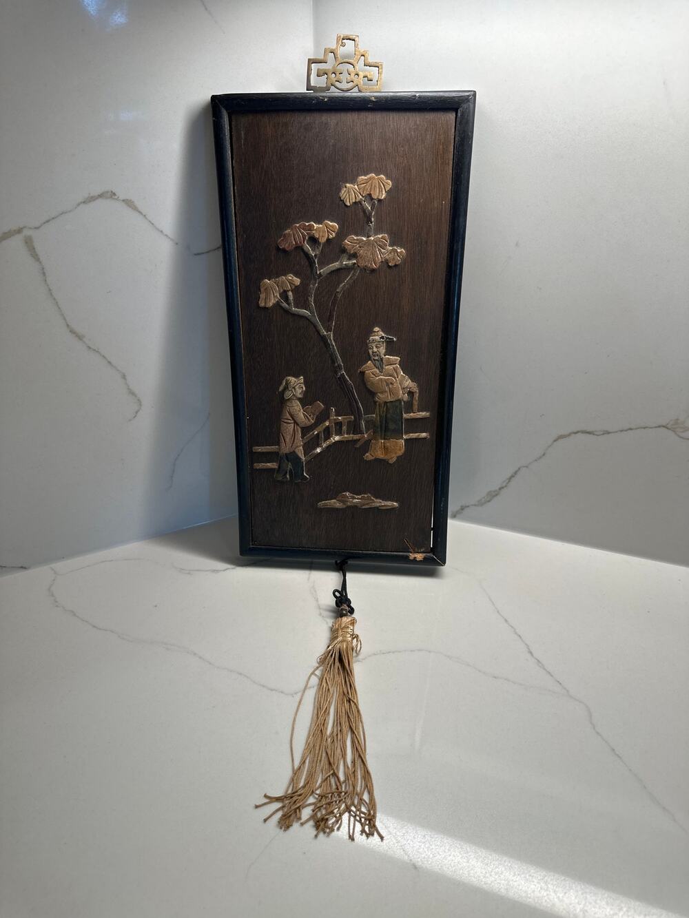 1920's Chinese Republic Period Wood Plaque with Soapstone Inlay